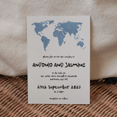 Modern Globetrotter Map Pastel Blue Wedding Invitation on White Card