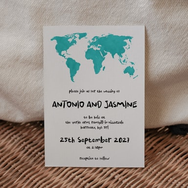 Modern Globetrotter Map Pool Blue Wedding Invitation on White Card