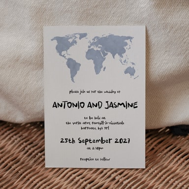 Modern Globetrotter Map Powder Blue Wedding Invitation on White Card