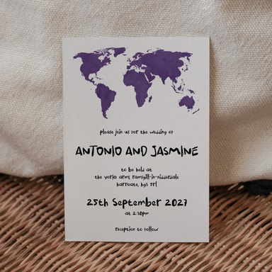 Modern Globetrotter Map Regency Purple Wedding Invitation on White Card