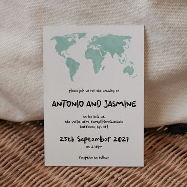 Modern Globetrotter Map Robin Egg Blue Wedding Invitation on White Card