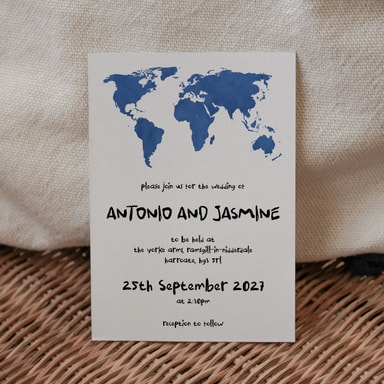 Modern Globetrotter Map Royal Blue Wedding Invitation on White Card