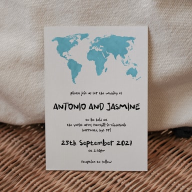 Modern Globetrotter Map Sky Blue Wedding Invitation on White Card