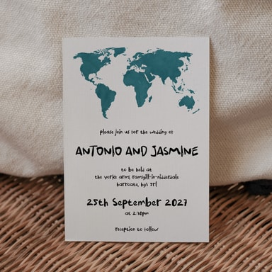 Modern Globetrotter Map Teal Green Wedding Invitation on White Card