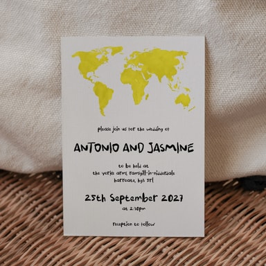 Modern Globetrotter Map Yellow Wedding Invitation on White Card