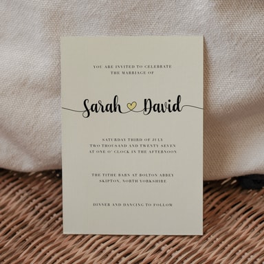 Modern Heart Canary Yellow Wedding Invitation on Cream Card