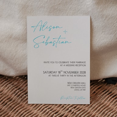 Modern Opulence Aqua Blue Wedding Invitation on White Card