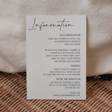 Modern Opulence Black Guest Information Card on White Card