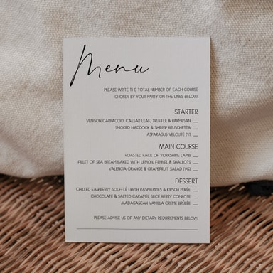 Modern Opulence Black Menu Card with Choices on White Card