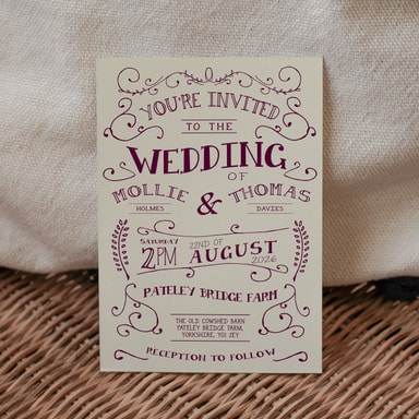 Rustic Barn Dance Aubergine Wedding Invitation on Cream Card