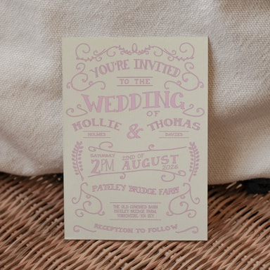 Rustic Barn Dance Baby Pink Wedding Invitation on Cream Card