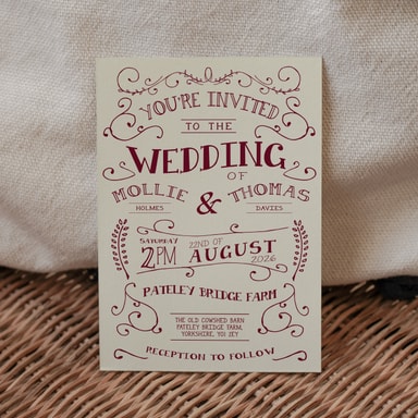 Rustic Barn Dance Burgundy Wedding Invitation on Cream Card