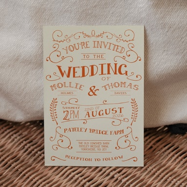 Rustic Barn Dance Burnt Orange Wedding Invitation on Cream Card