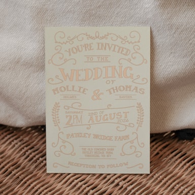 Rustic Barn Dance Champagne Wedding Invitation on Cream Card