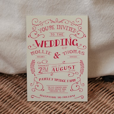 Rustic Barn Dance Cherry Wedding Invitation on Cream Card