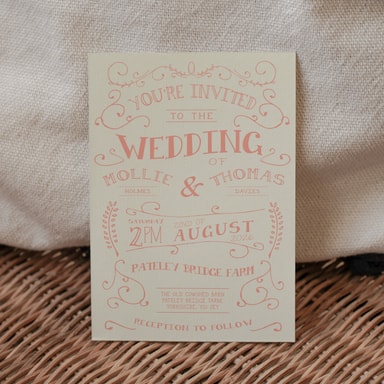 Rustic Barn Dance Coral Pink Wedding Invitation on Cream Card