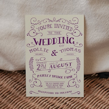 Rustic Barn Dance Grape Wedding Invitation on Cream Card