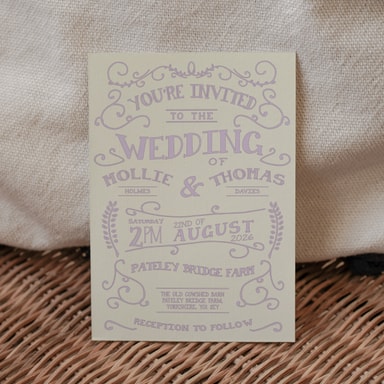 Rustic Barn Dance Lavender Wedding Invitation on Cream Card