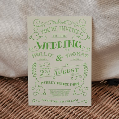 Rustic Barn Dance Lime Green Wedding Invitation on Cream Card