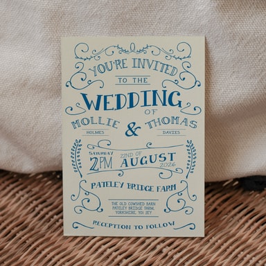 Rustic Barn Dance Marine Blue Wedding Invitation on Cream Card