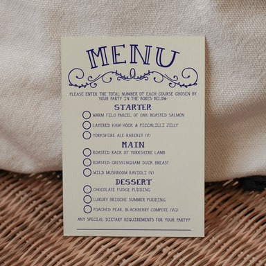 Rustic Barn Dance Navy Blue Menu Card with Choices on Cream Card