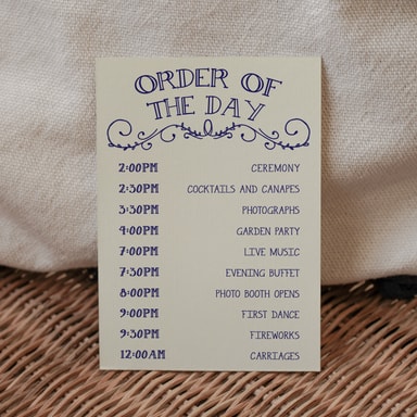 Rustic Barn Dance Navy Blue Order Of The Day Card on Cream Card