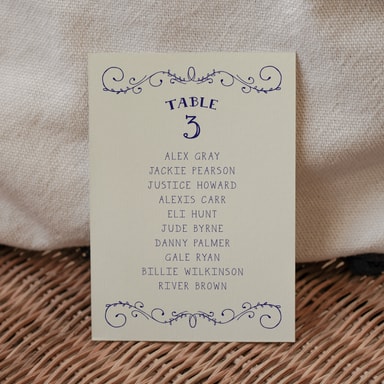 Rustic Barn Dance Navy Blue Table Plan Card on Cream Card