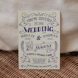 Rustic Barn Dance Navy Blue Wedding Invitation on Cream Card