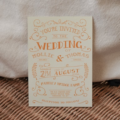 Rustic Barn Dance Orange Wedding Invitation on Cream Card