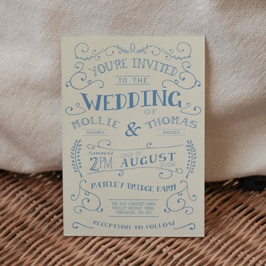 Rustic Barn Dance Pastel Blue Wedding Invitation on Cream Card