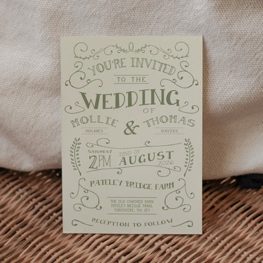 Rustic Barn Dance Sage Green Wedding Invitation on Cream Card