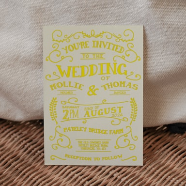 Rustic Barn Dance Yellow Wedding Invitation on Cream Card