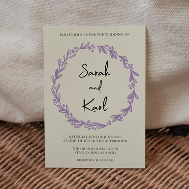 Rustic Hand Drawn Wreath Amethyst Wedding Invitation on Cream Card