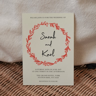 Rustic Hand Drawn Wreath Apple Red Wedding Invitation on Cream Card