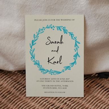 Rustic Hand Drawn Wreath Aqua Blue Wedding Invitation on Cream Card