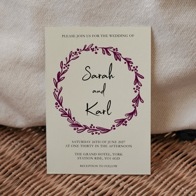 Rustic Hand Drawn Wreath Aubergine Wedding Invitation on Cream Card