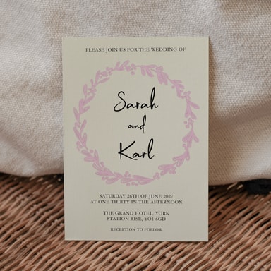 Rustic Hand Drawn Wreath Baby Pink Wedding Invitation on Cream Card