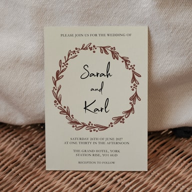 Rustic Hand Drawn Wreath Brown Wedding Invitation on Cream Card