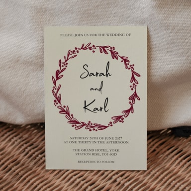 Rustic Hand Drawn Wreath Burgundy Wedding Invitation on Cream Card