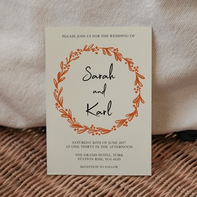 Rustic Hand Drawn Wreath Burnt Orange Wedding Invitation on Cream Card