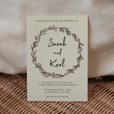 Rustic Hand Drawn Wreath Charcoal Wedding Invitation on Cream Card