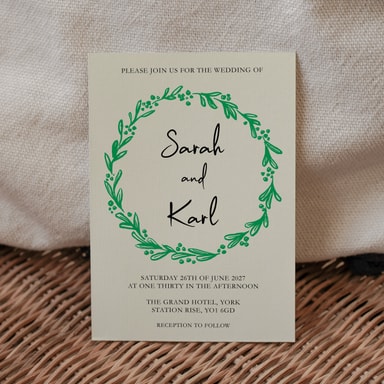 Rustic Hand Drawn Wreath Clover Green Wedding Invitation on Cream Card