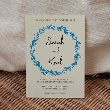 Rustic Hand Drawn Wreath Cobalt Blue Wedding Invitation on Cream Card