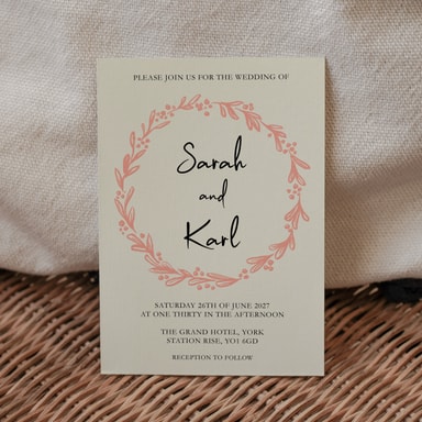 Rustic Hand Drawn Wreath Coral Pink Wedding Invitation on Cream Card