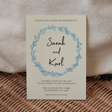 Rustic Hand Drawn Wreath Duck Egg Blue Wedding Invitation on Cream Card