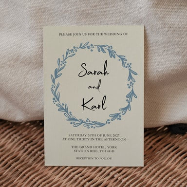 Rustic Hand Drawn Wreath Dusty Blue Wedding Invitation on Cream Card