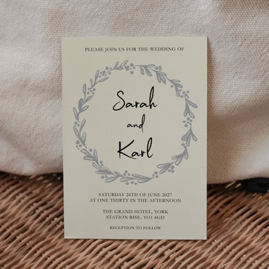 Rustic Hand Drawn Wreath Grey Wedding Invitation on Cream Card