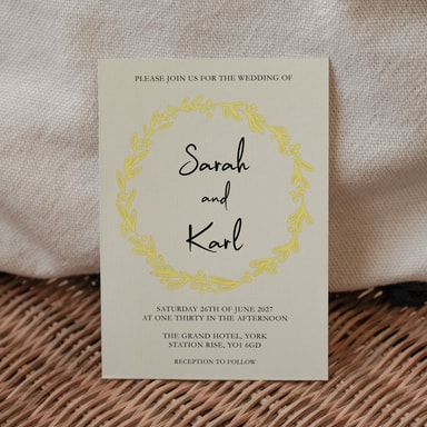 Rustic Hand Drawn Wreath Lemon Wedding Invitation on Cream Card