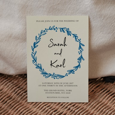 Rustic Hand Drawn Wreath Marine Blue Wedding Invitation on Cream Card