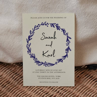 Rustic Hand Drawn Wreath Navy Blue Wedding Invitation on Cream Card